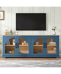 Rainsken Farmhouse Tv Stand for TVs , Two-Tone Media Console Table with Semi-Arched Glass Doors and Cable Management for Living Room
