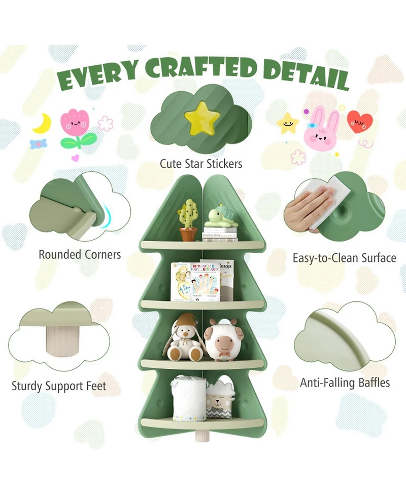 Gouun 4-Tier Kids Corner Bookshelf with Tree-Shaped Design and Display Shelves