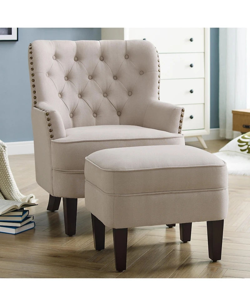 Boyel Living Vintage Button-Tufted Velvet Chair and Ottoman Set with Nailhead Trim and Solid Wood Legs