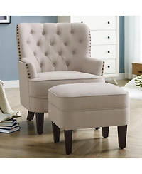 Boyel Living Vintage Button-Tufted Velvet Chair and Ottoman Set with Nailhead Trim and Solid Wood Legs