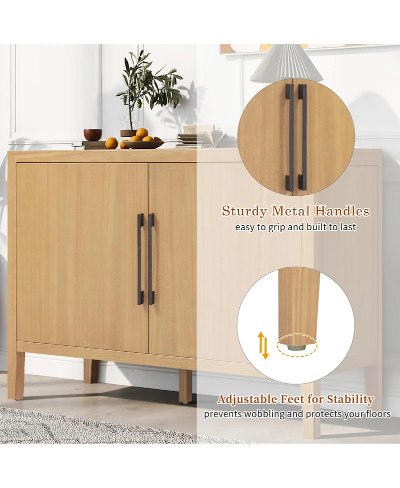 Rainsken Rustic Farmhouse Buffet Cabinet, 47.25 Inch Storage Sideboard with Pine Veneer, Adjustable Legs and Metal Pulls for Kitchen, Living Room