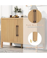 Rainsken Rustic Farmhouse Buffet Cabinet, 47.25 Inch Storage Sideboard with Pine Veneer, Adjustable Legs and Metal Pulls for Kitchen, Living Room