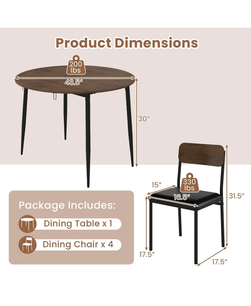 Gouun 5-Piece Round Drop Leaf Dining Table Set with 4 Upholstered Chairs