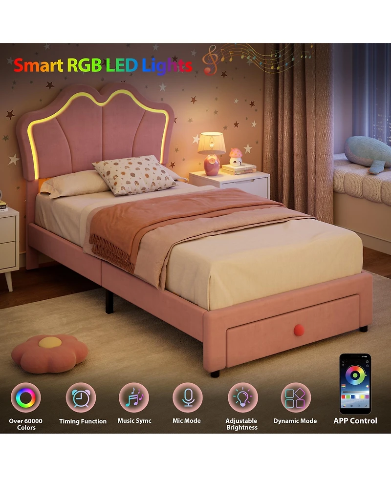 gaomon Twin Upholstered Led Storage Bed Frame for Kids – Velvet Platform with App-Controlled Lights,Storage Drawers, Wood Slats