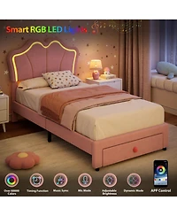 gaomon Twin Upholstered Led Storage Bed Frame for Kids – Velvet Platform with App-Controlled Lights,Storage Drawers, Wood Slats