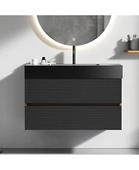 Sillysis Wall Mounted Bathroom Vanity with Sink, Double Soft Close Drawers, Floating Mid Century Modern Storage