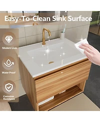 Sillysis Wall Mounted Bathroom Vanity with Sink, Modern Walnut Mdf Cabinet, Large Drawer Storage for Small Space