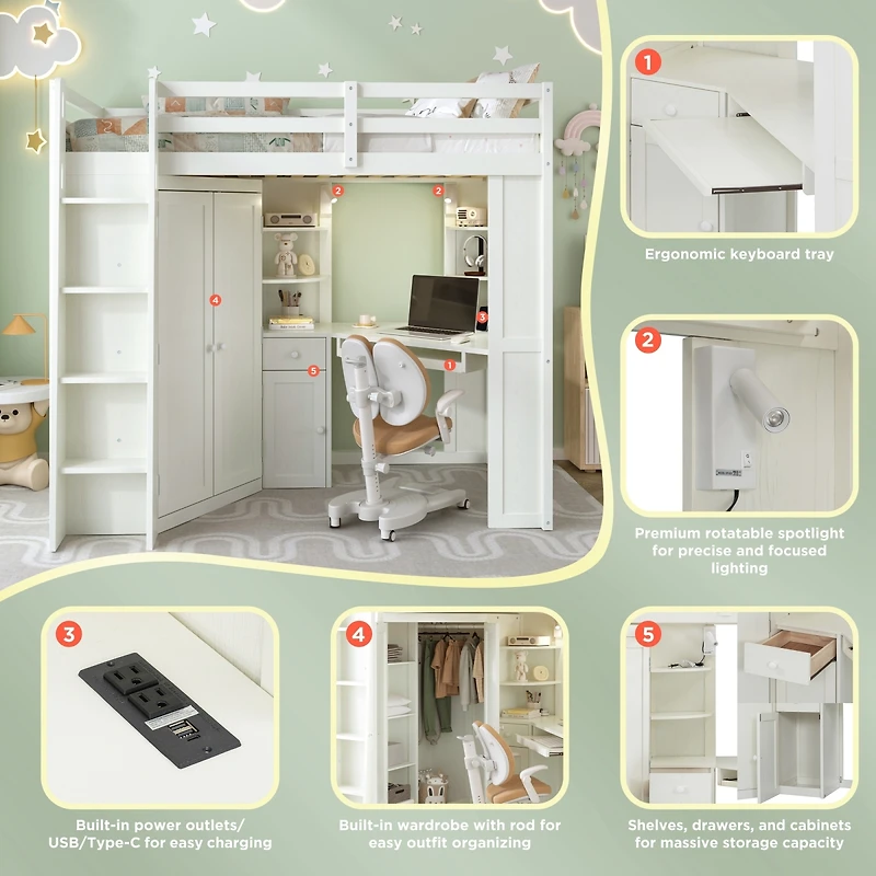 Streamdale Furniture Loft Bed with Wardrobe and Desk, Charging, Lights