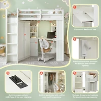 Streamdale Furniture Loft Bed with Wardrobe and Desk, Charging, Lights