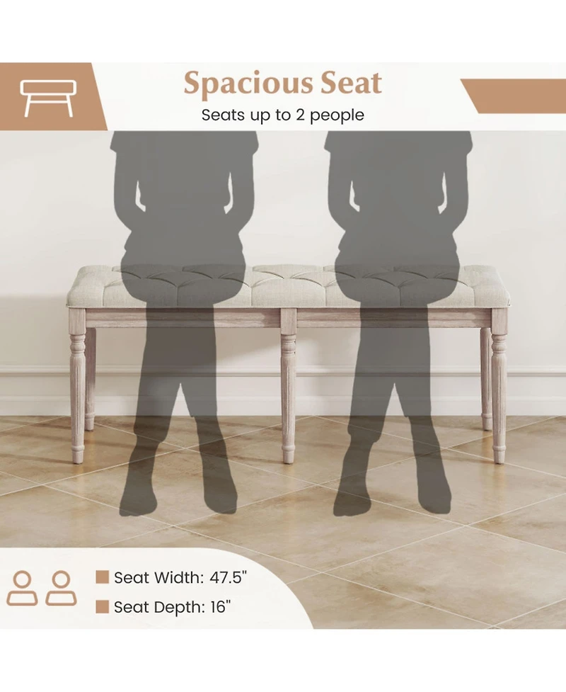 Gouun Button-Tufted Upholstered Bench with Carved Rubber Wood Legs