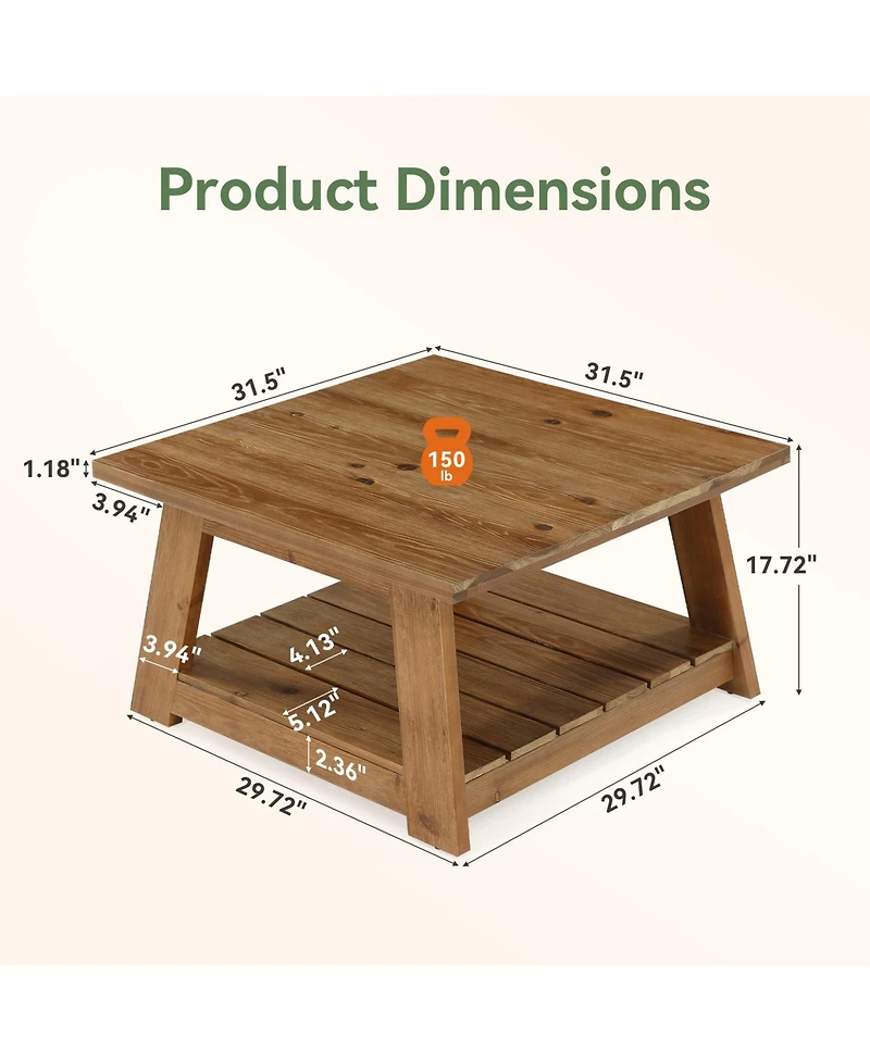 Tribesigns 31.5" Solid Wood Square Coffee Table, 2-Tier Storage Design, Sturdy Wooden Legs