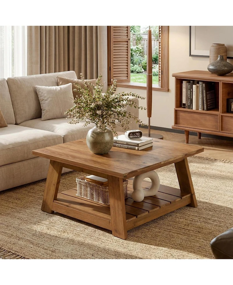 Tribesigns 31.5" Solid Wood Square Coffee Table, 2-Tier Storage Design, Sturdy Wooden Legs