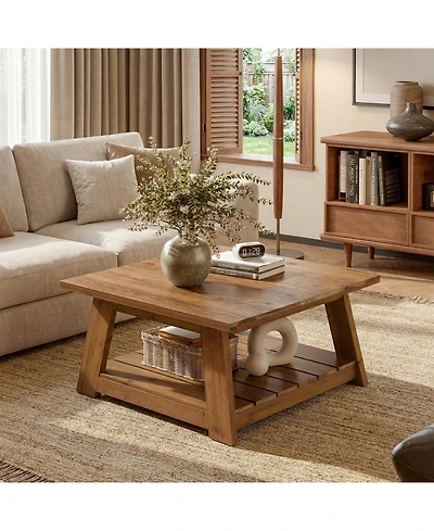 Tribesigns 31.5" Solid Wood Square Coffee Table, 2-Tier Storage Design, Sturdy Wooden Legs