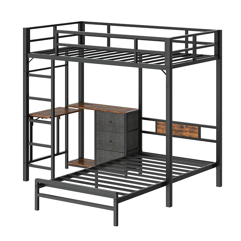 Streamdale Furniture Metal Bunk Bed w/Table, Drawers, Led, Charging