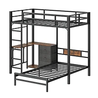 Streamdale Furniture Metal Bunk Bed w/Table, Drawers, Led, Charging