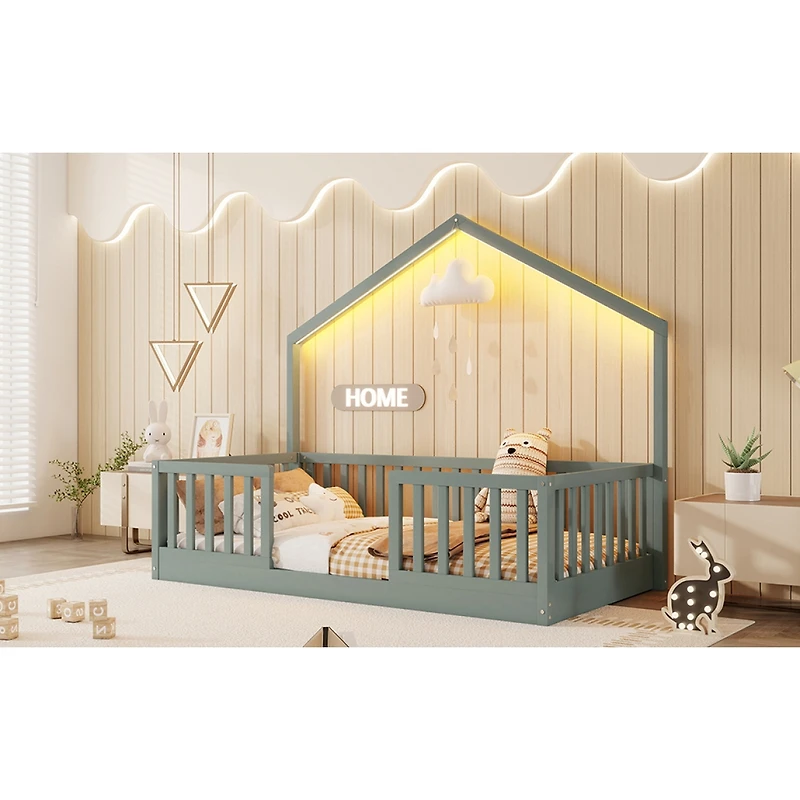Streamdale Furniture Wooden Montessori Floor Bed with High Rails and Light
