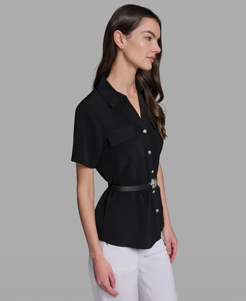 Karl Lagerfeld Paris Petite Rosette Belted Collared Blouse