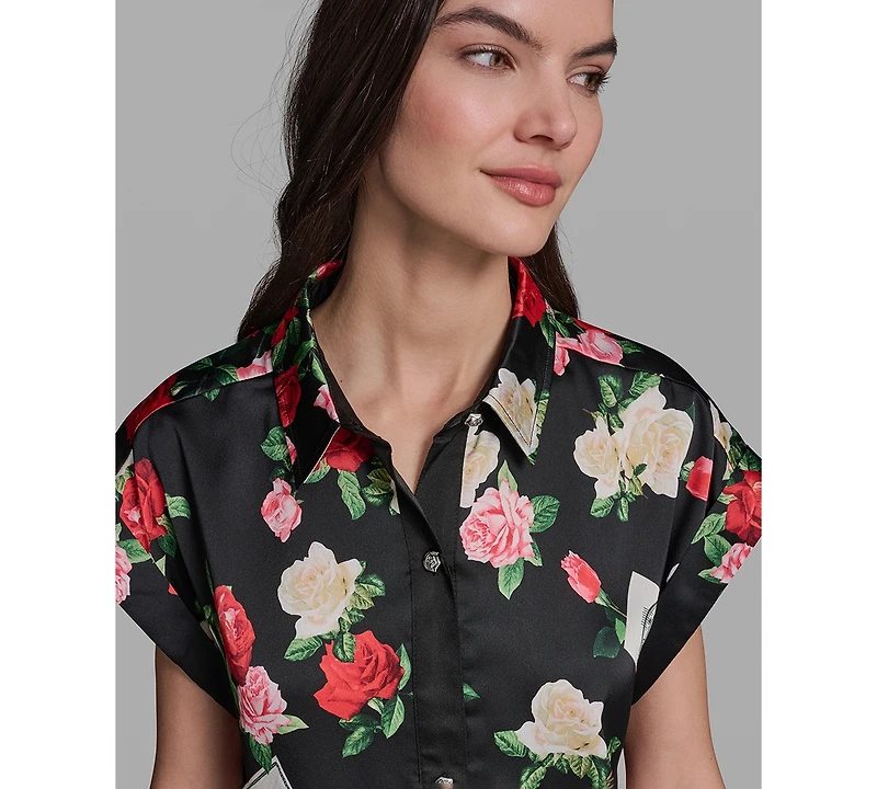 Karl Lagerfeld Paris Petite Bungee Floral Collared Blouse