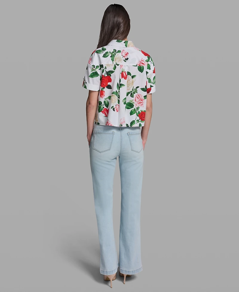 Karl Lagerfeld Paris Petite Printed Poplin Collared Camp Top