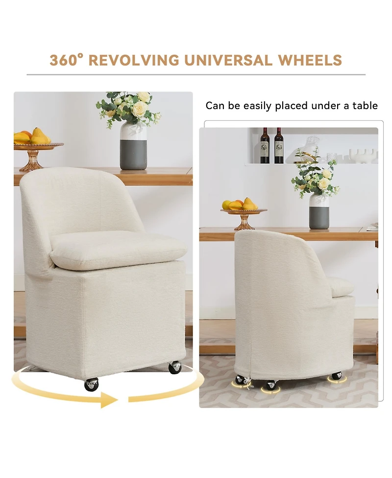 Rainsken Rolling Dining Chairs Set of 2, Chenille Upholstered Kitchen Chairs with Universal Wheels and Curved Backrest for Dining Room, Living Room