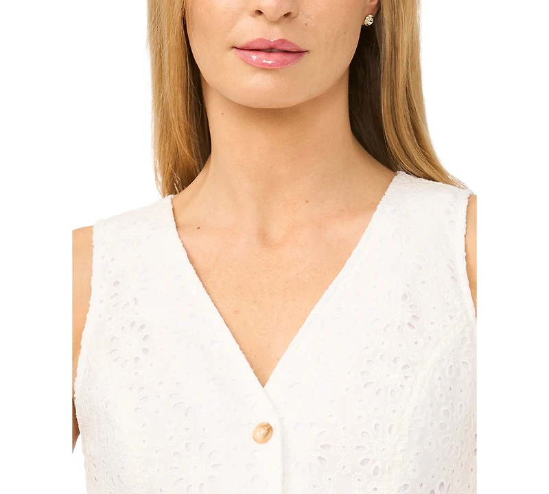 CeCe Women's V-Neck Sleeveless Button-Down Cotton Midi Dress