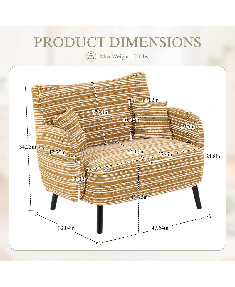 Rainsken 47.6" Boucle Accent Chair, Modern Loveseat Sofa, Deep Seat Chaise with Pillows and Storage Pockets for Living Room, Home Office