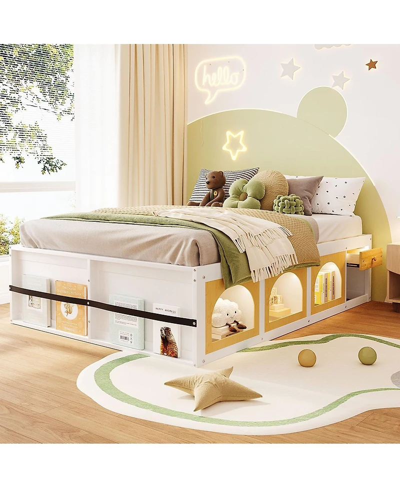 Streamdale Furniture Platform Bed w/ Bookshelf, Led, Drawer