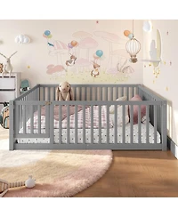 Streamdale Furniture Full Size Bed Floor Bed with Safety Guardrails and Door for Kids