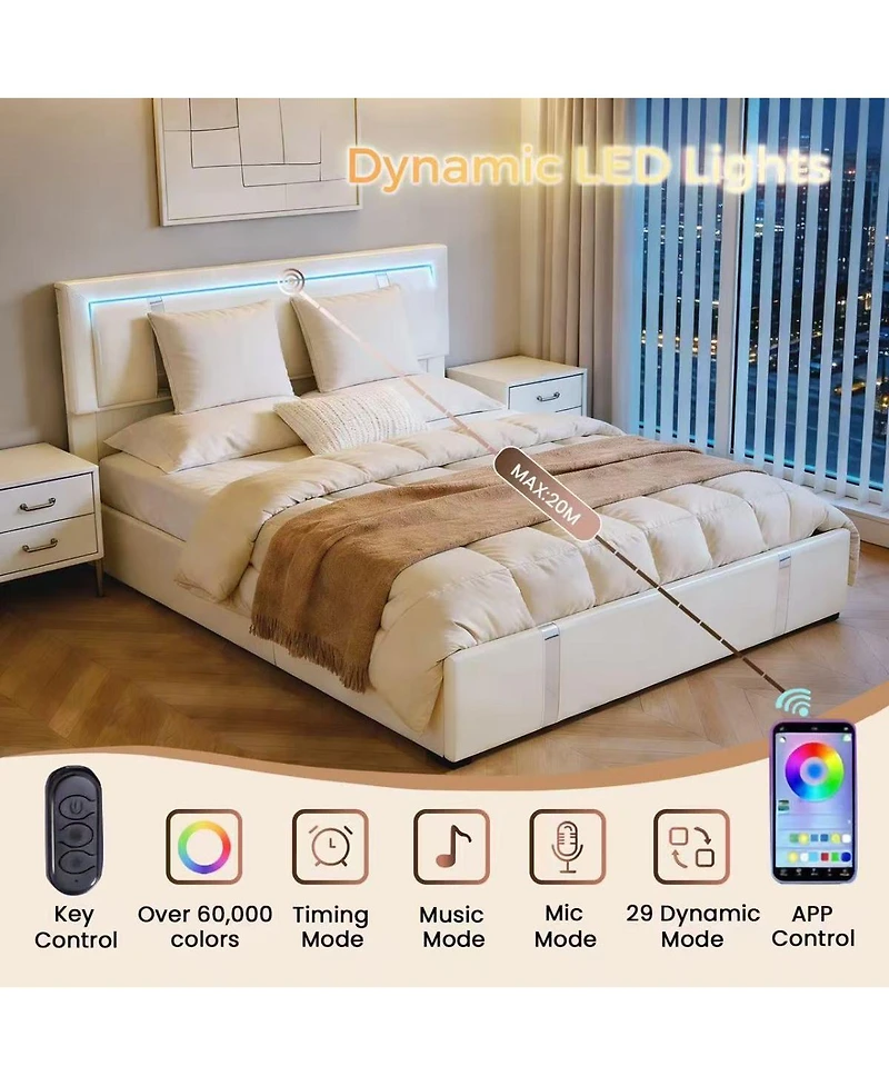 Streamdale Furniture Faux Leather Lift Storage Bed with Led Headboard and Usb-c