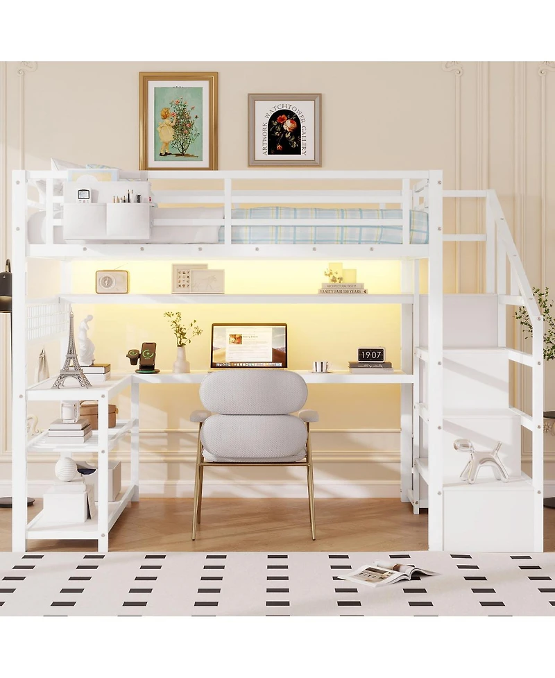 Streamdale Furniture Metal Loft Bed w/Stairs, Desk, Storage, Lights, Charge Station