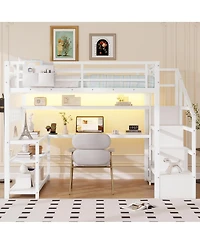 Streamdale Furniture Metal Loft Bed w/Stairs, Desk, Storage, Lights, Charge Station