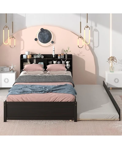 Streamdale Furniture Bed with Trundle and Bookcase Headboard, Espresso