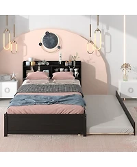 Streamdale Furniture Bed with Trundle and Bookcase Headboard, Espresso