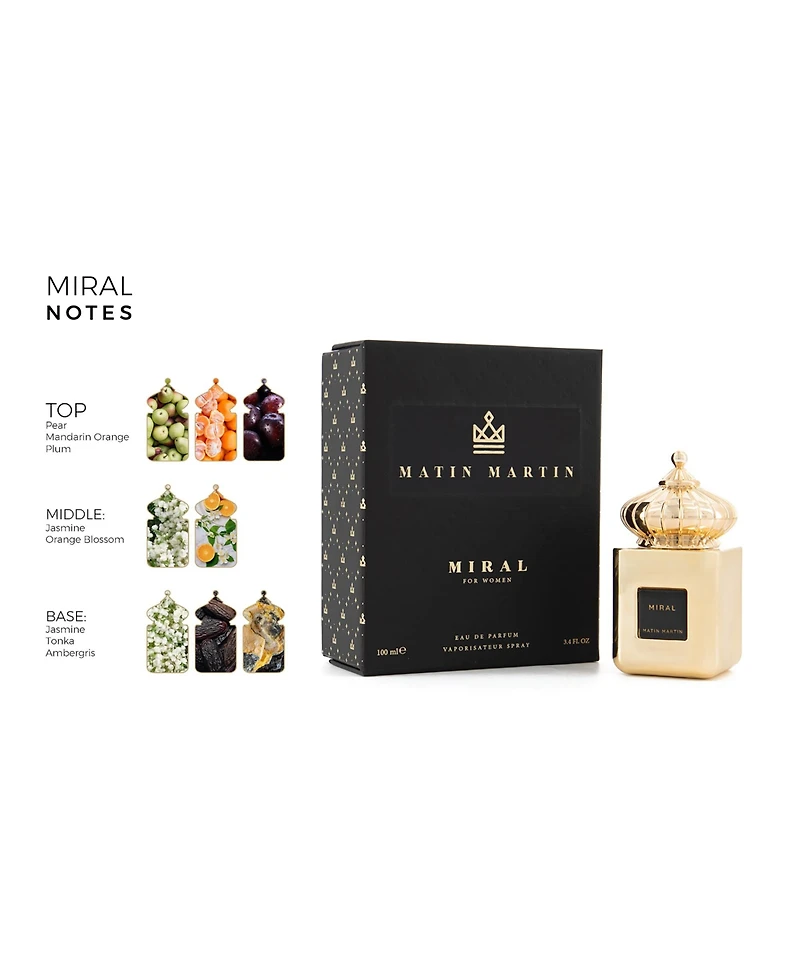Matin Martin Miral Oriental Women Perfume Arabian Perfume for Women with Pear, Jasmine, Tonka Long-Lasting, Travel Size Womens Perfume 3.4 oz