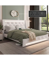 Streamdale Furniture Led Upholstered Bed w/ Charging Station and Diamond Headboard