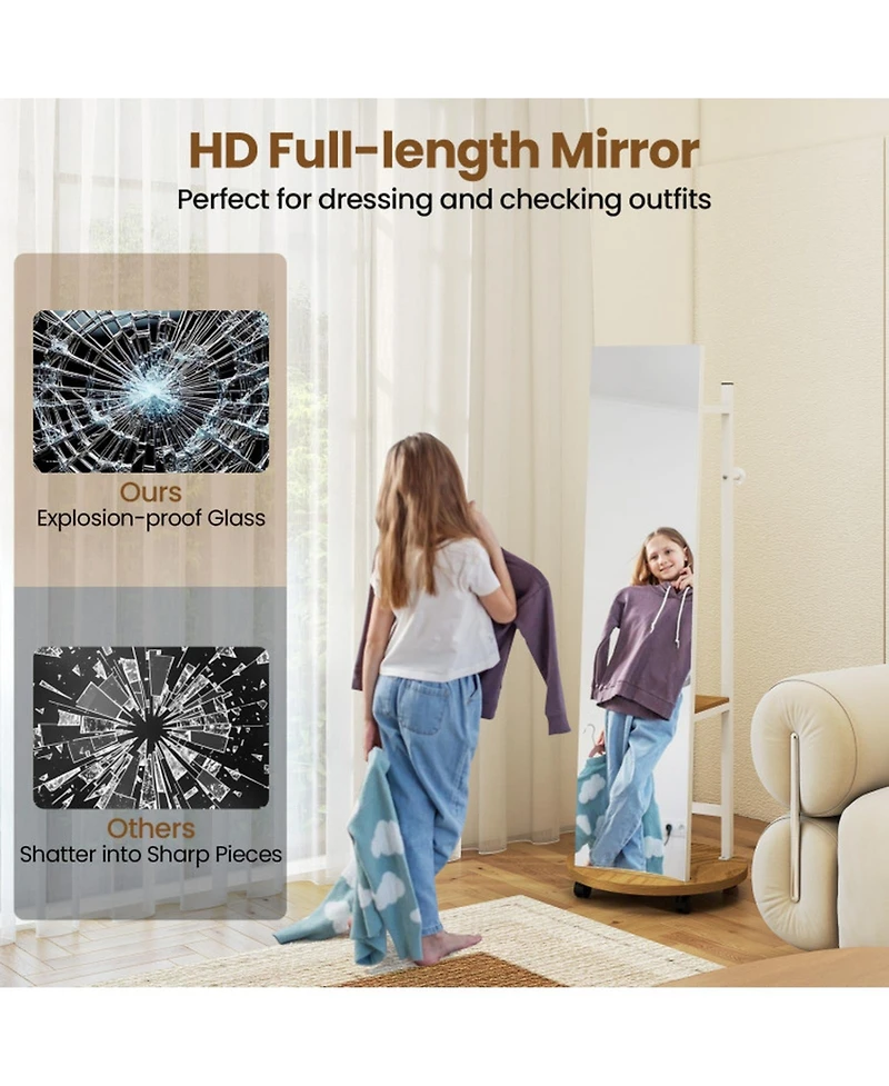 Gouun Freestanding Coat Rack with Full-Length Mirror, 3 Hooks and Storage Shelves on Wheels