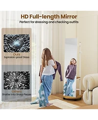 Gouun Freestanding Coat Rack with Full-Length Mirror, 3 Hooks and Storage Shelves on Wheels