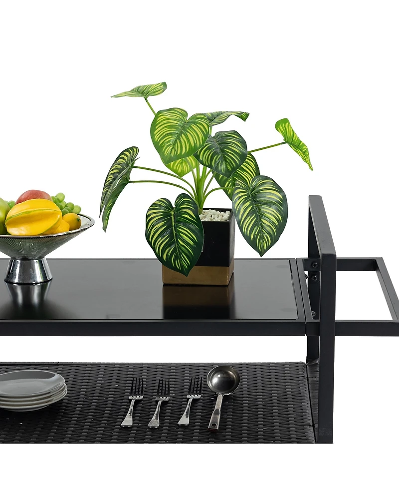 sumyeg Outdoor Wicker Bar Cart with Wheels, Rattan Beverage Serving Cart with Glass Top for Patio