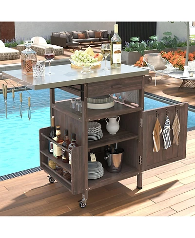 sumyeg 40.5inch Outdoor Grill Cart with Stainless Steel Top, Solid Wood Storage Cabinet with Drop Leaf, Drawer, Towel Rack and Lockable Wheels