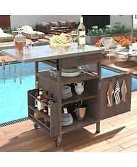 sumyeg 40.5inch Outdoor Grill Cart with Stainless Steel Top, Solid Wood Storage Cabinet with Drop Leaf, Drawer, Towel Rack and Lockable Wheels