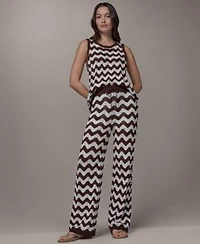 Donna Karan Weekend Womens Scallop Stripe Crewneck Cotton Sweater Pointelle Pants