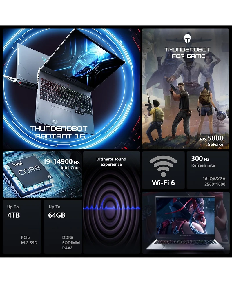 Thunderobot Radiant R16 16" Traditional Laptop Intel Core i9 32GB Ram Nvidia GeForce Rtx 5080 1TB Ssd Storage Windows 11 Home 300Hz