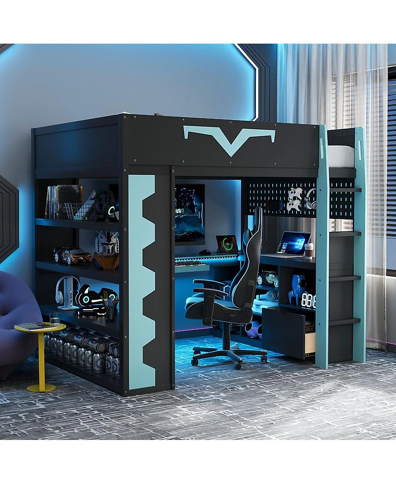Streamdale Furniture Gaming Loft Bed w/Desk, Rgb, Power, Storage