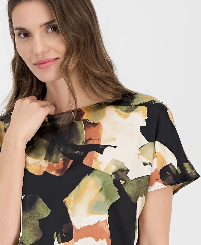 Anne Klein Petite Bateau Neck Short-Sleeve Printed Top