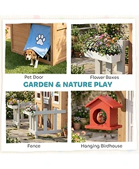 Qaba Outdoor Playhouse with Pet Door, Play Kitchen, Mailbox and Birdhouse