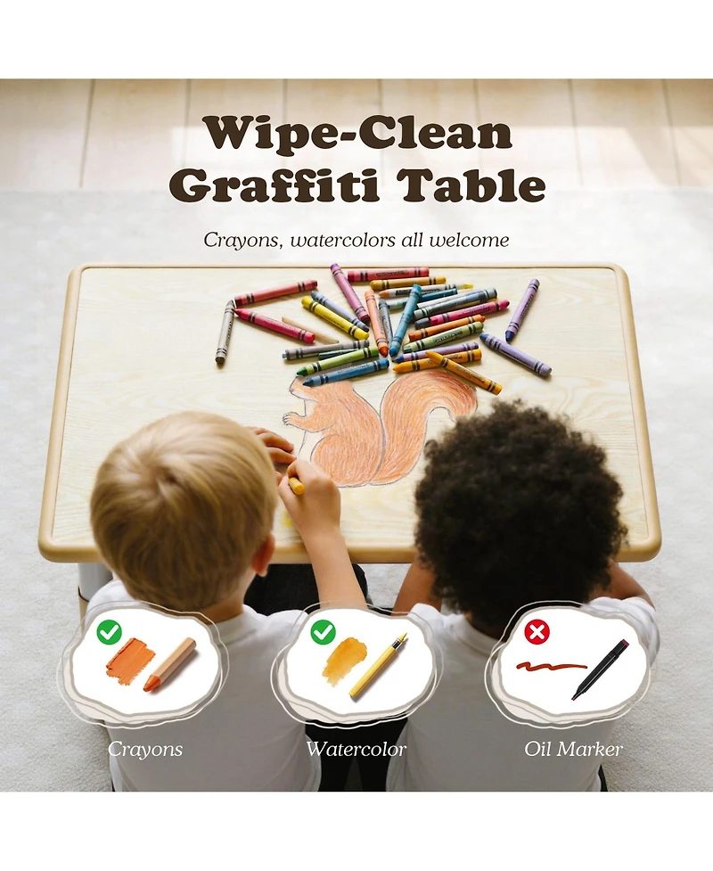 Kinder King Kids Height-Adjustable Table and 2 Chairs Set with 31.5''W Easy-Clean Top, Beige