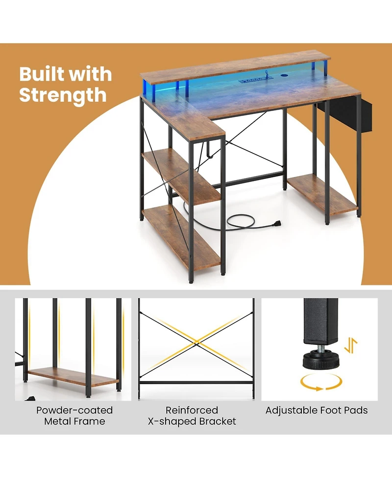 Sugift L-Shaped Gaming Desk with Led Lights and Power Outlets-Rustic Brown