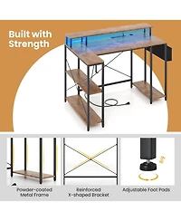 Sugift L-Shaped Gaming Desk with Led Lights and Power Outlets-Rustic Brown