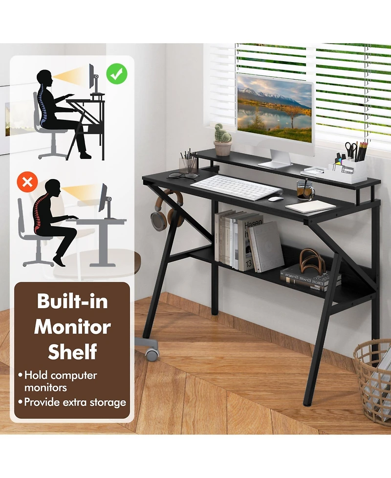 Sugift Space Saving Computer Desk with Monitor Stand and Extra Storage Shelf for Work Study-Black