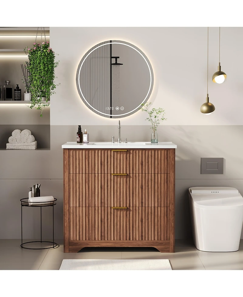 homfan Fluted Bathroom Vanity with Sink, Farmhouse Freestanding Cabinet 2 Drawers and Flip-Down Drawer, Easy Assembly